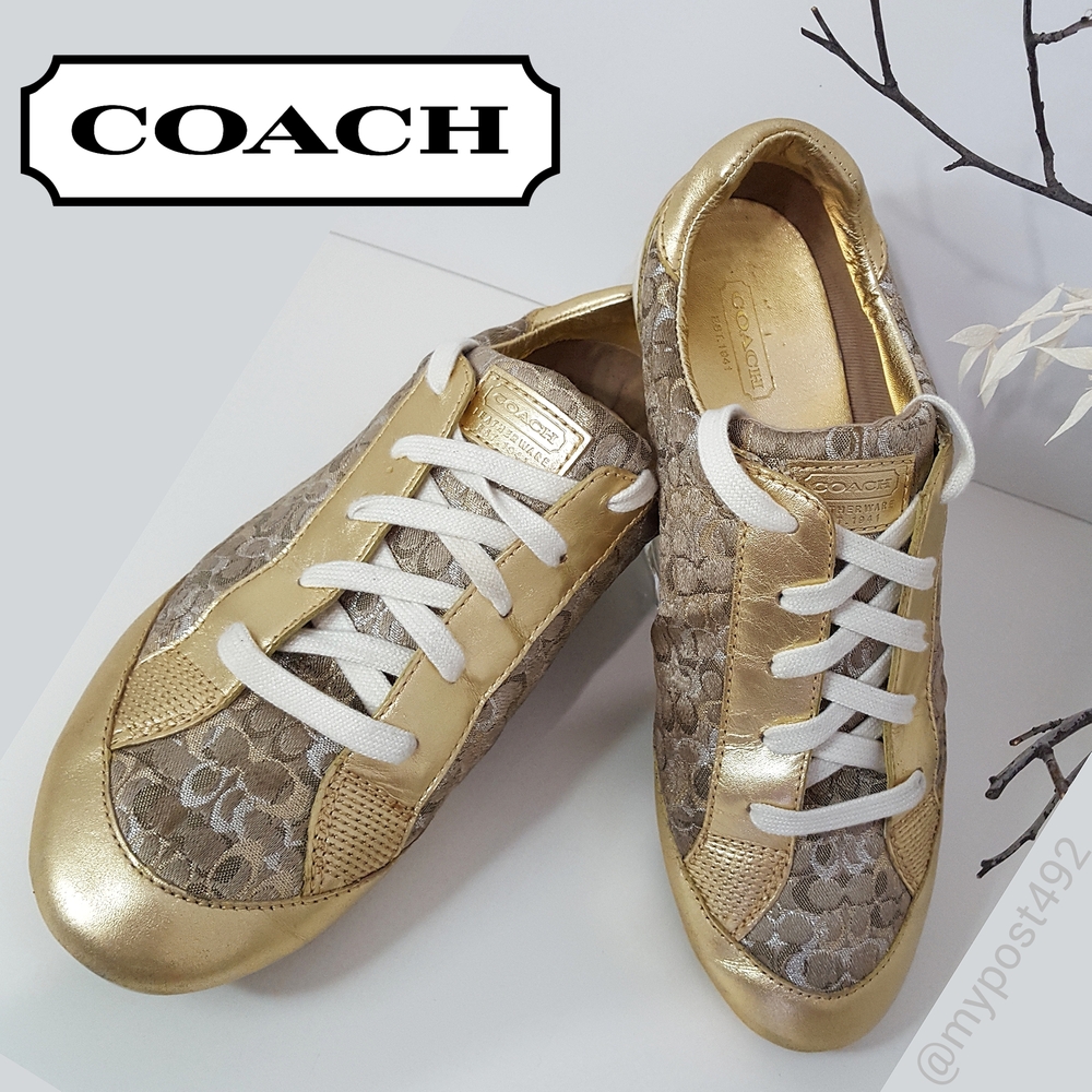🔻Coach Lace-up Sneakers|Gold-Brown Monogramed Fabric Leather
